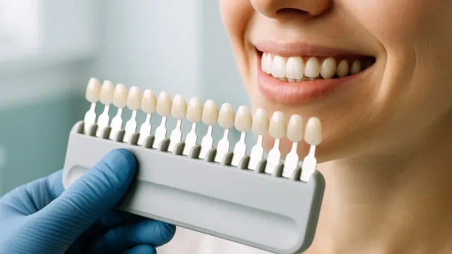 دليل ألوان الأسنان قرب ابتسامة لمقارنة اللون