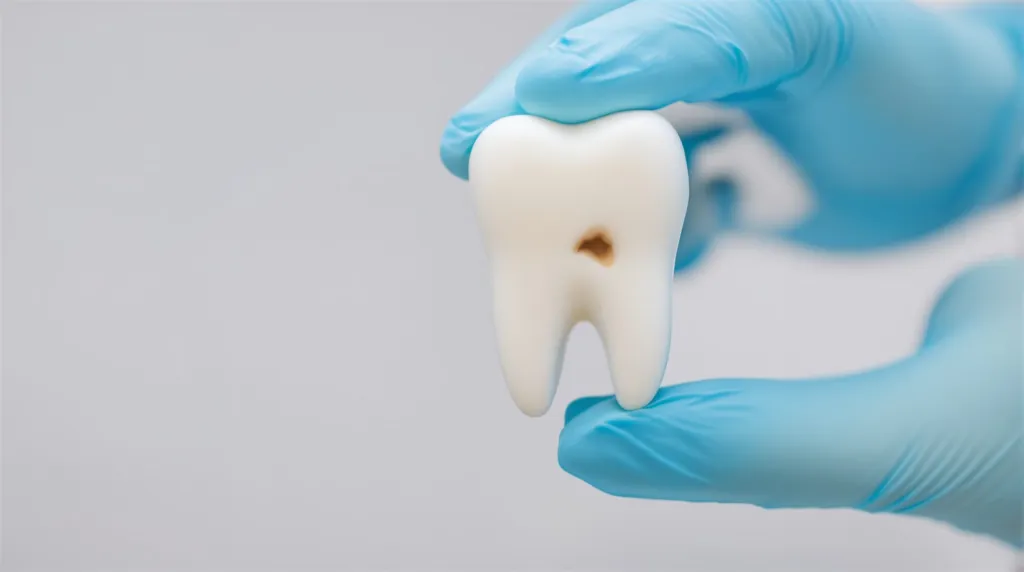 Modèle de dent montrant une carie, tenu par une main gantée