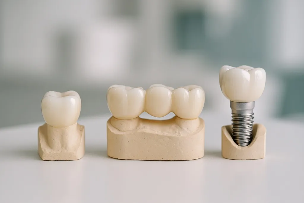 Couronne, bridge et implant dentaire présentés côte à côte