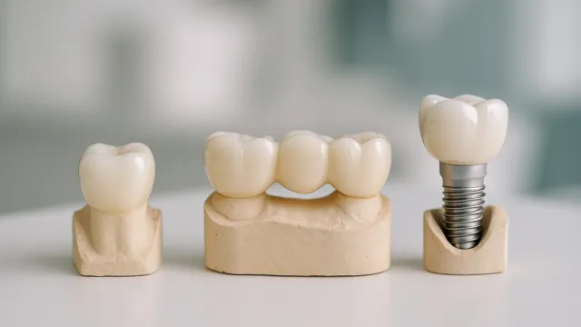 تاج وجسر وزرعة أسنان معروضة جنباً إلى جنب