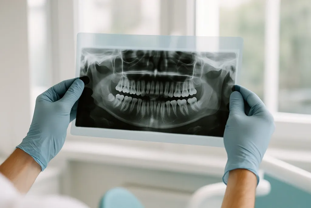 Radiographie panoramique dentaire tenue devant une fenêtre lumineuse