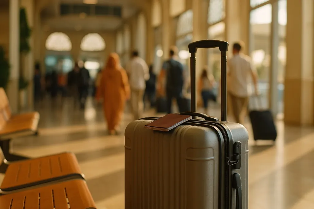 حقيبة وجواز سفر في بهو الوصول بمطار في المغرب