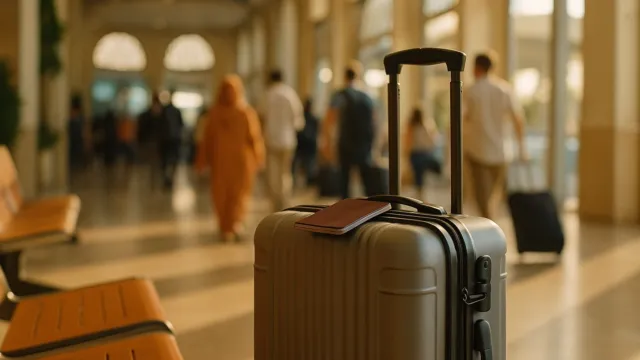 حقيبة وجواز سفر في بهو الوصول بمطار في المغرب