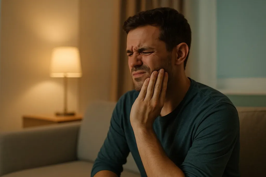 Homme se tenant la mâchoire à cause d’une douleur dentaire, chez lui le soir