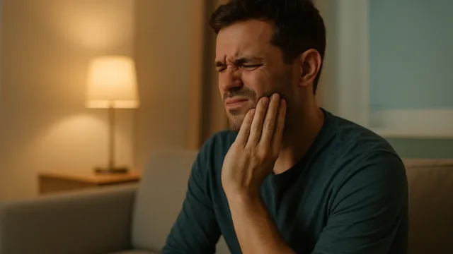 رجل يمسك فكه بسبب ألم في الأسنان في منزله مساءً