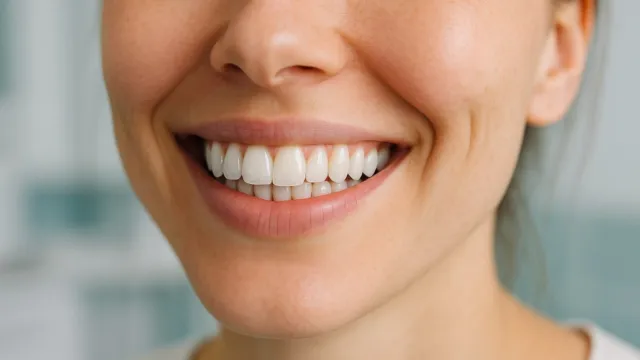 صورة مقربة لابتسامة بأسنان فاتحة